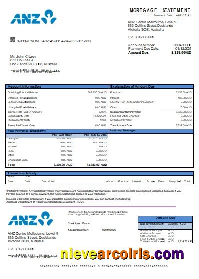 Australia ANZ bank mortgage statement